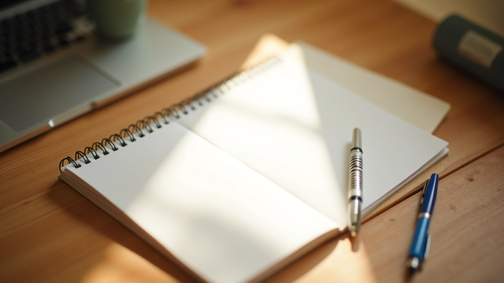 Notebook s tužkami a poznámkami na stole, přirozené osvětlení oknem