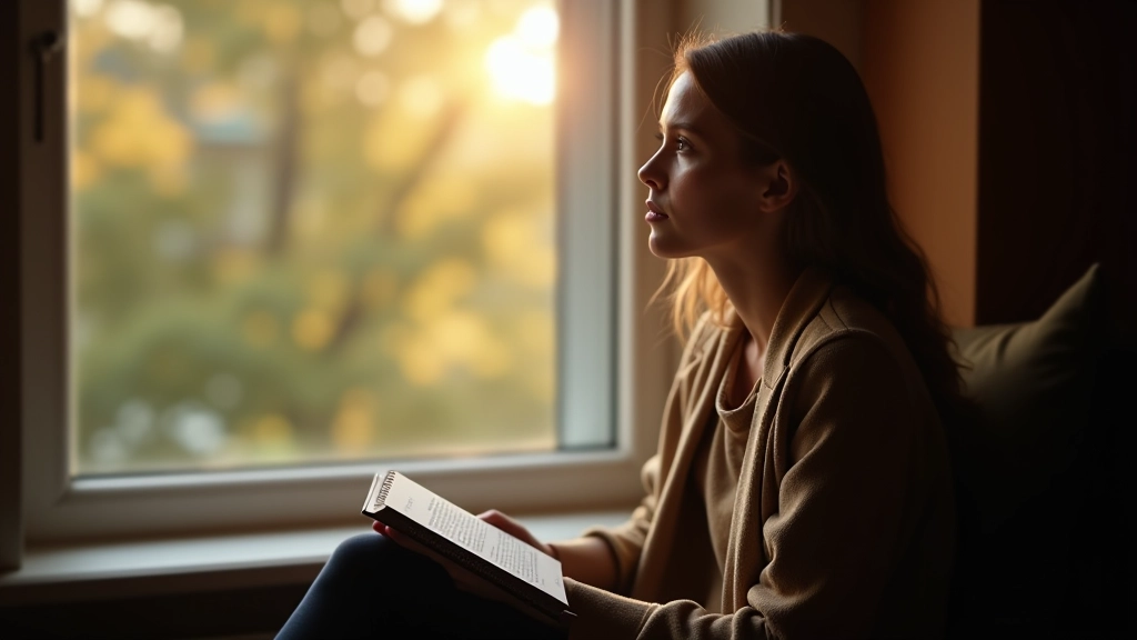 Osoba sedící u okna s notebookem, rozjímavá atmosféra, denní světlo